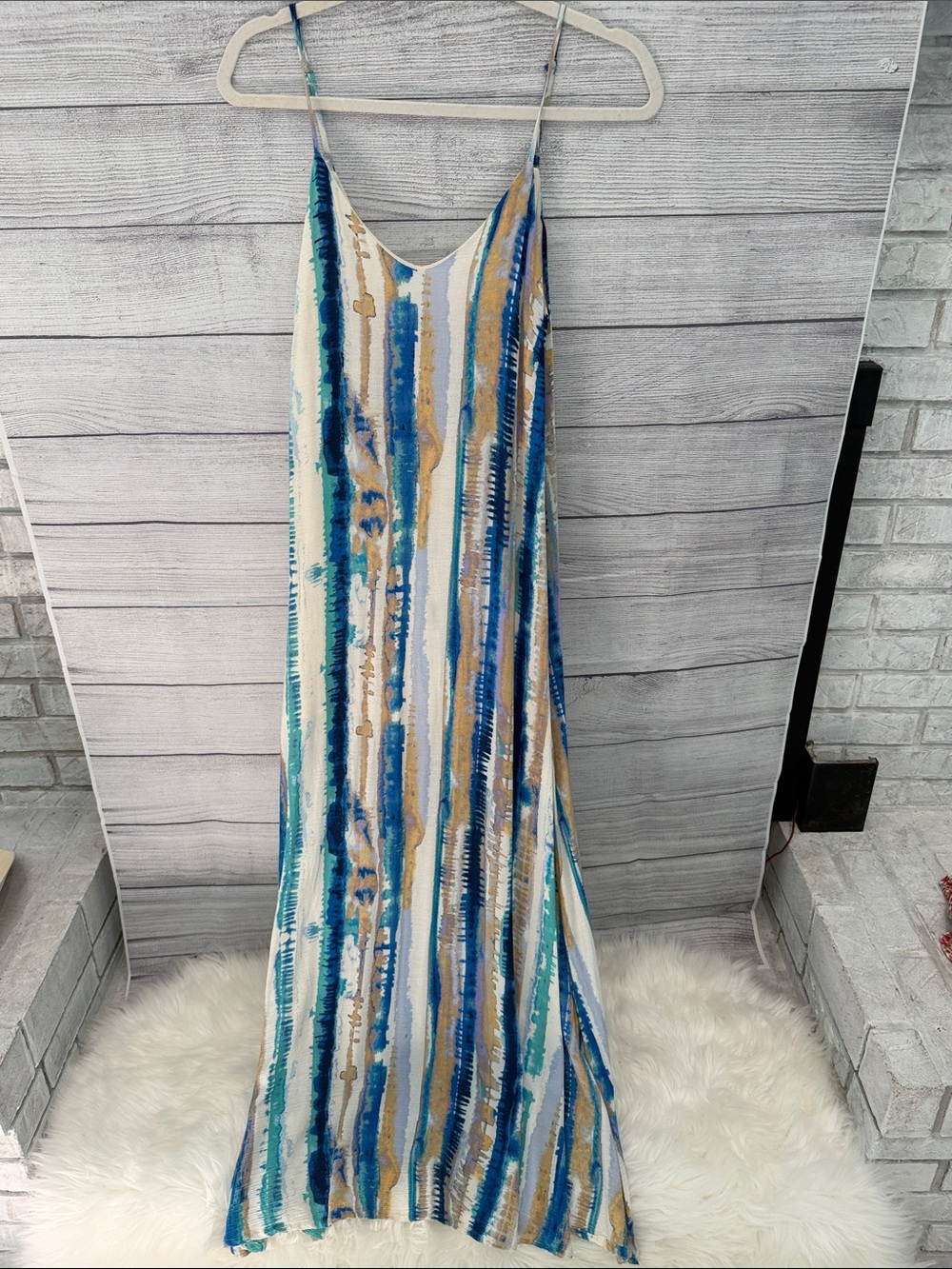 Lulu's Striped Spaghetti-Strap Maxi Dress in Blue, Teal, and Cream